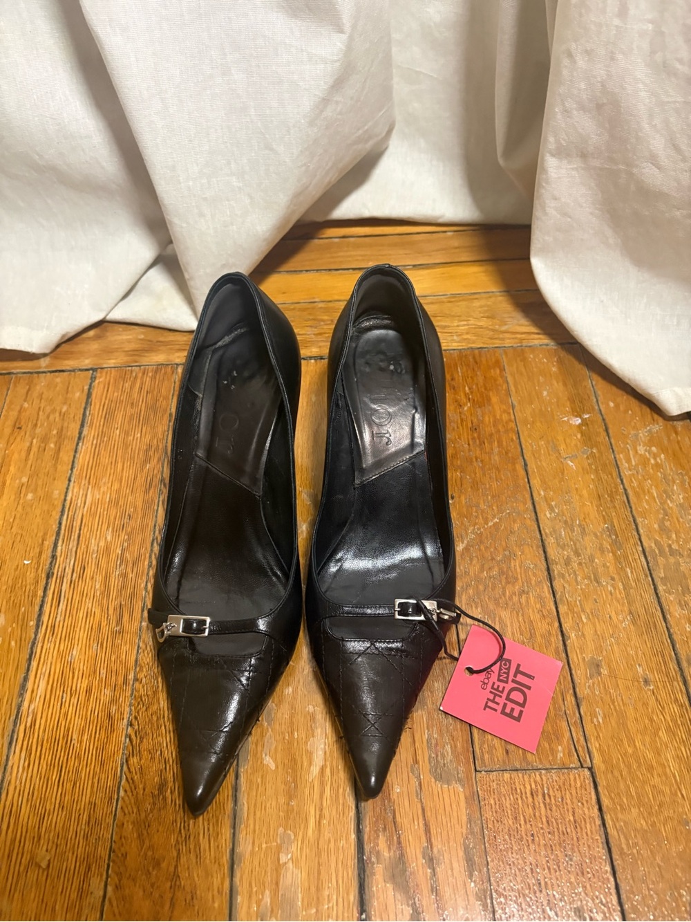 Dior Black Quilted Pointed-Toe Pumps with Buckle Accent